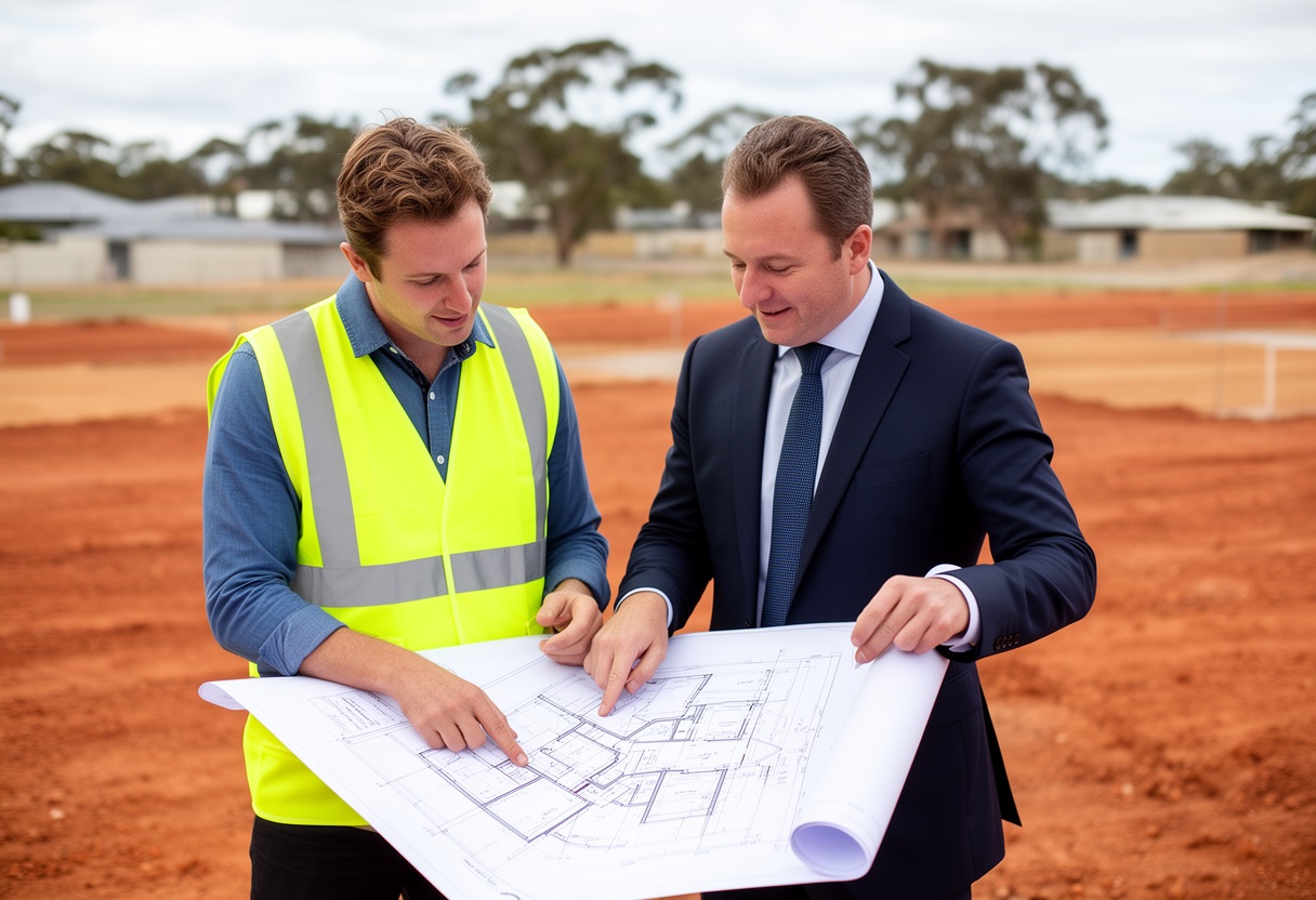 A planner and a client reviewing a site plan across a table