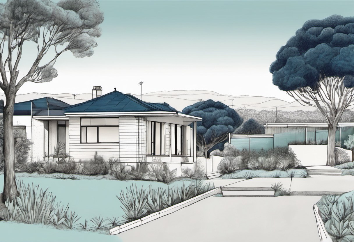 Hand-drawn sketch of a suburban house on its site, with boundary lines and setbacks marked